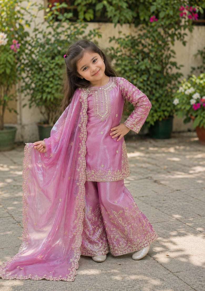 Pink Sequin Work Silk Kurta Set For Girls - Indya