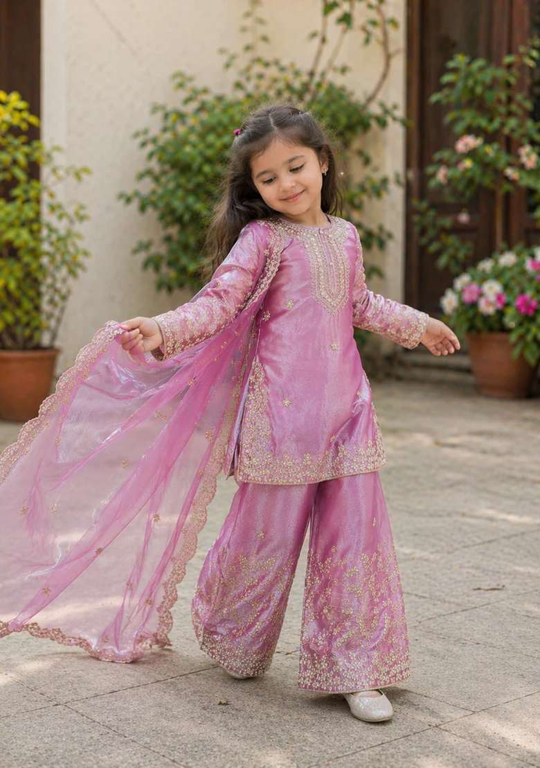 Pink Sequin Work Silk Kurta Set For Girls - Indya
