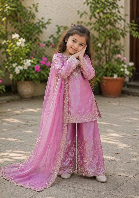 Pink Sequin Work Silk Kurta Set For Girls
