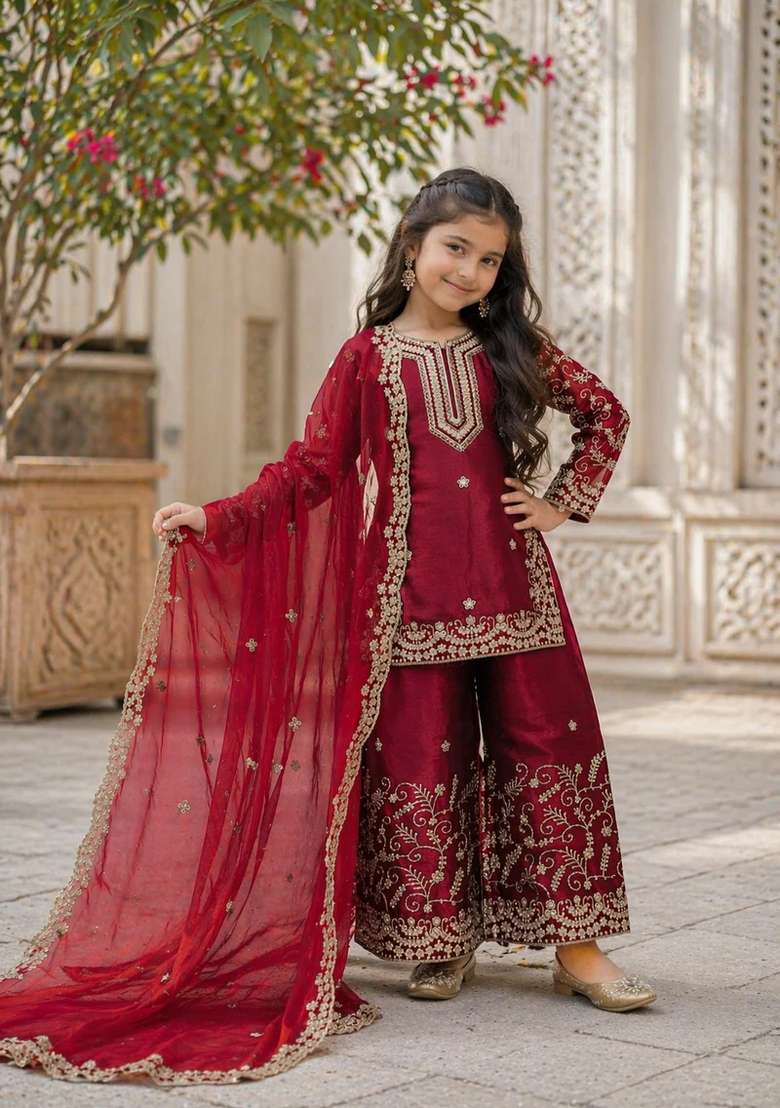 Red Sequin Work Silk Kurta Set For Girls - Indya