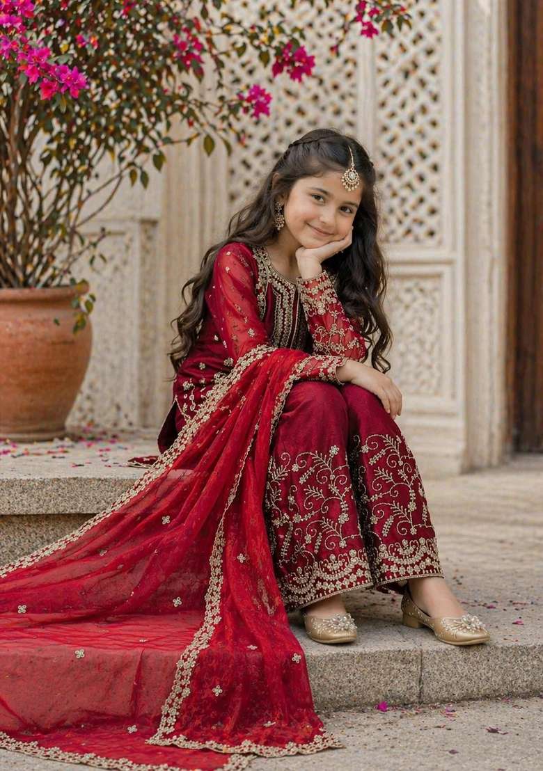 Red Sequin Work Silk Kurta Set For Girls - Indya
