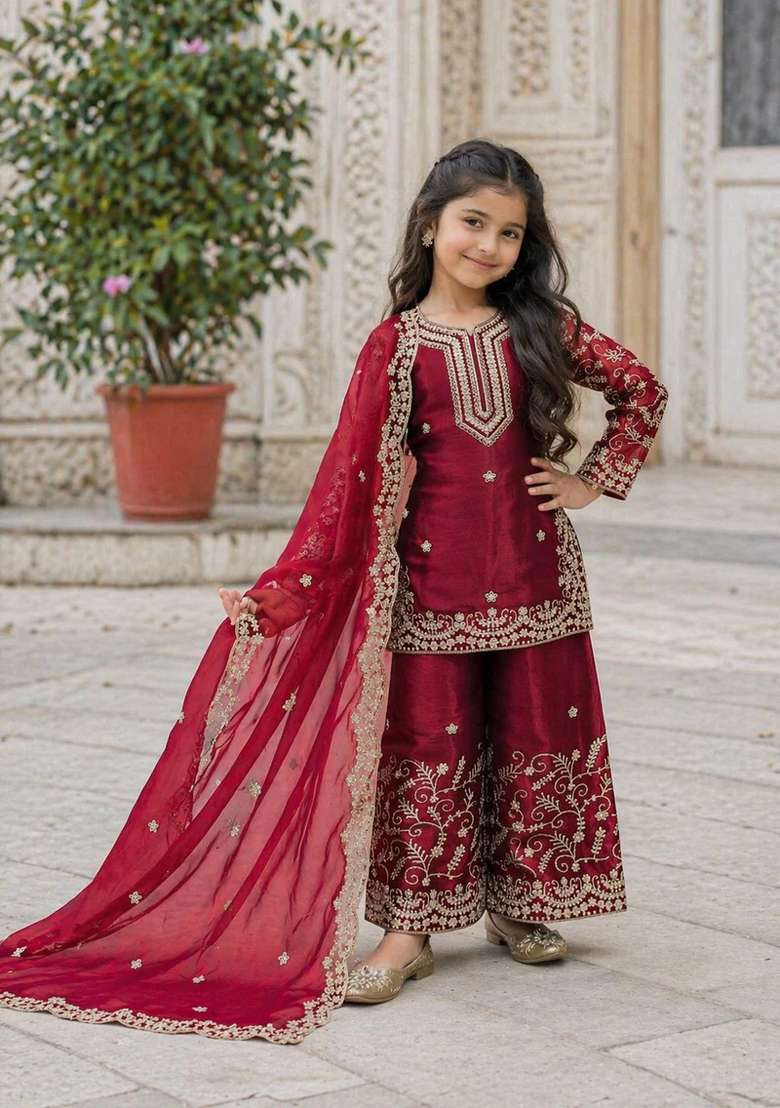Red Sequin Work Silk Kurta Set For Girls - Indya