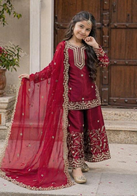 Red Sequin Work Silk Kurta Set For Girls