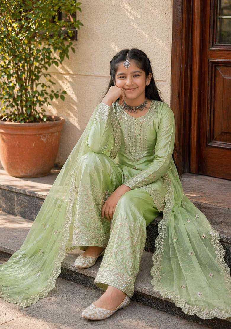 Pista Sequin Work Silk Kurta Set For Girls - Indya