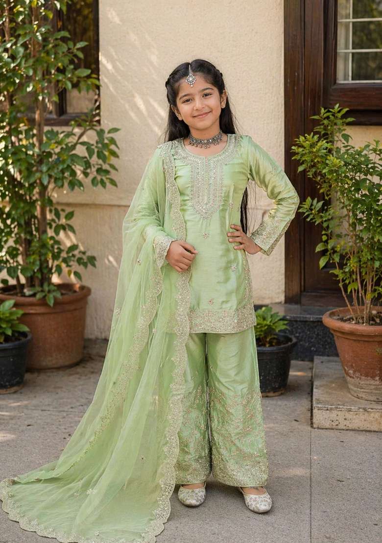 Pista Sequin Work Silk Kurta Set For Girls - Indya