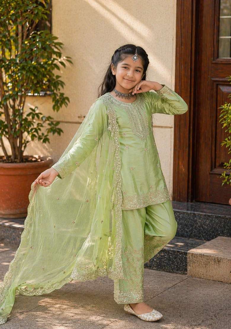 Pista Sequin Work Silk Kurta Set For Girls - Indya