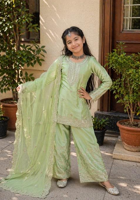 Pista Sequin Work Silk Kurta Set For Girls