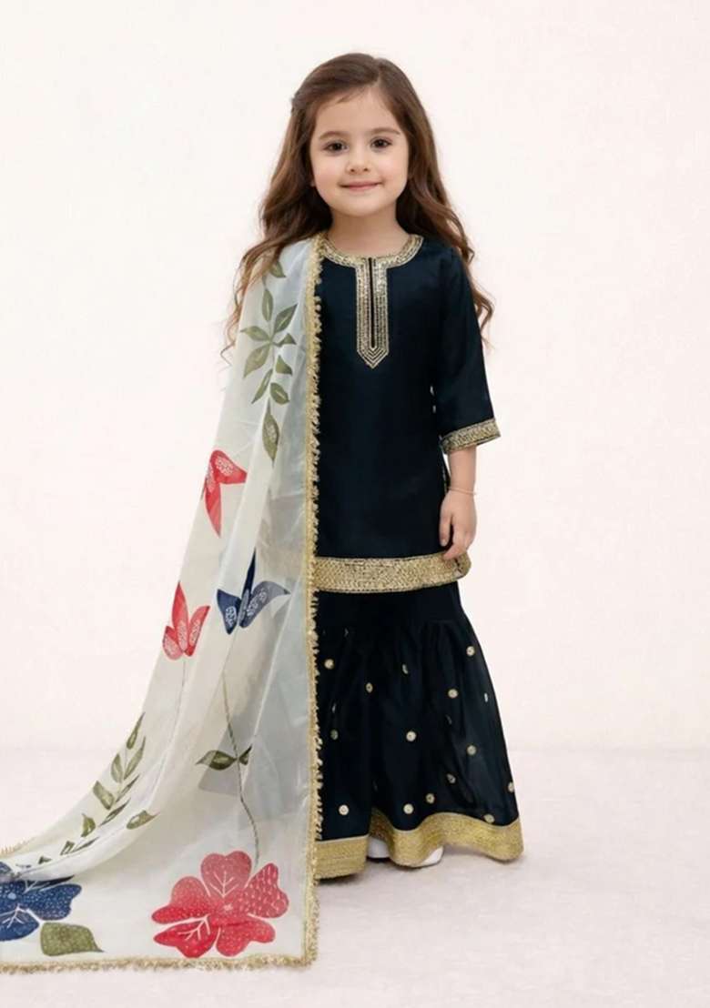Black Sequin Work Silk Sharara Set For Girls - Indya