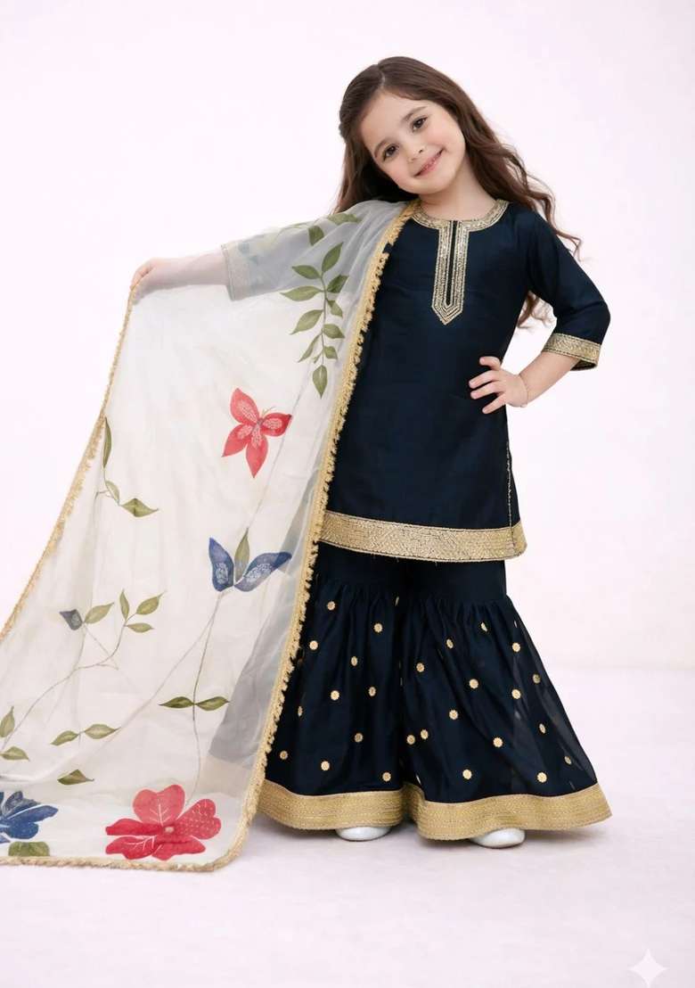 Black Sequin Work Silk Sharara Set For Girls - Indya