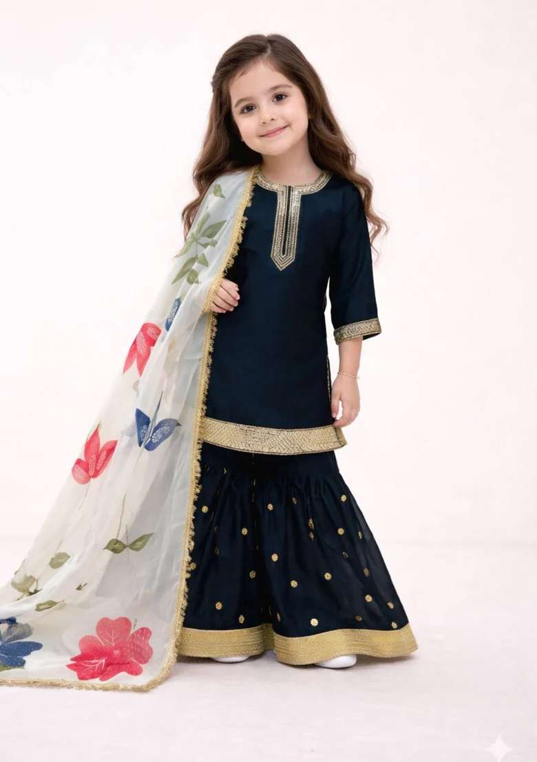 Black Sequin Work Silk Sharara Set For Girls - Indya