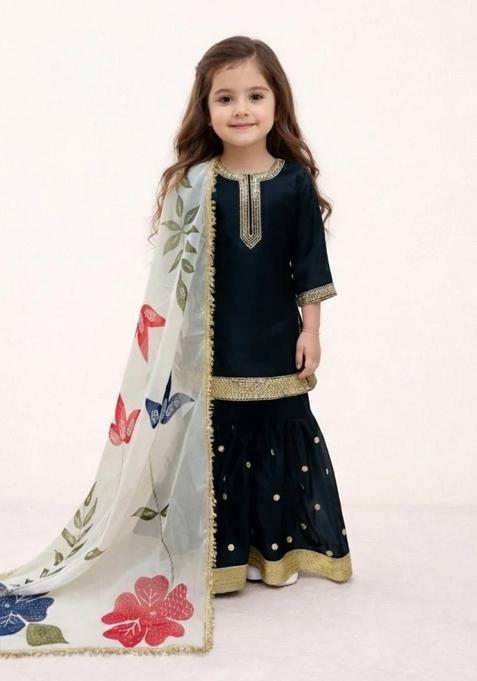 Black Sequin Work Silk Sharara Set For Girls