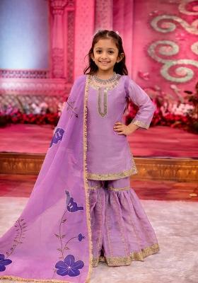 Pink Embroidered Silk Sharara Set For Girls