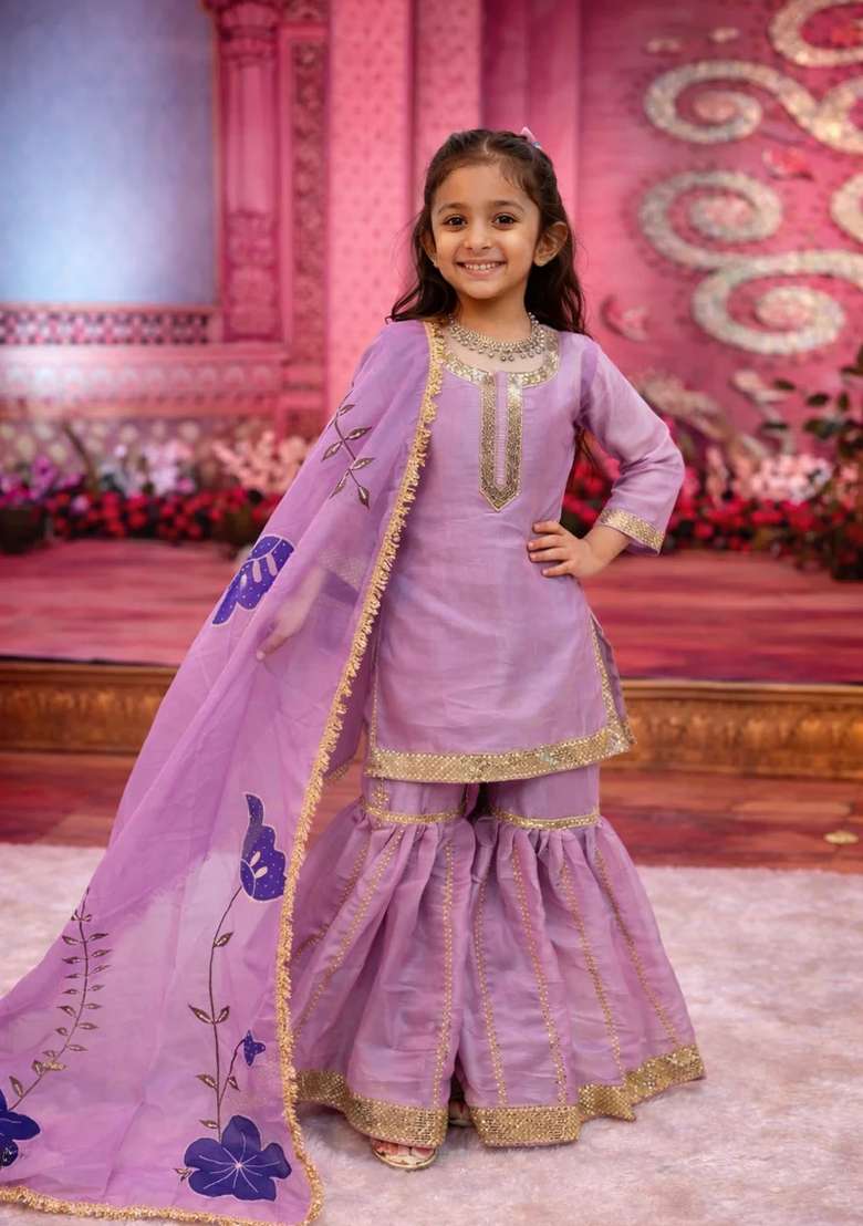 Pink Embroidered Silk Sharara Set For Girls - Indya