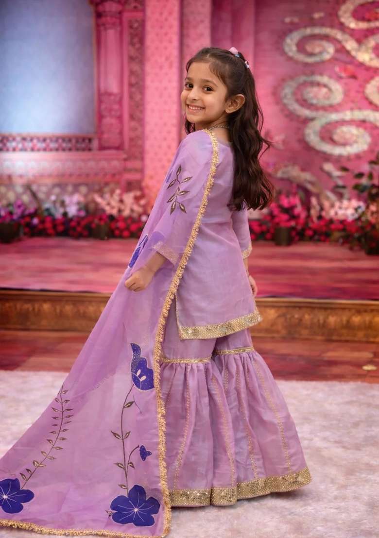 Pink Embroidered Silk Sharara Set For Girls - Indya