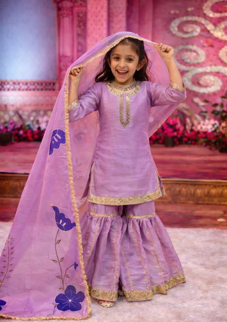 Pink Embroidered Silk Sharara Set For Girls - Indya