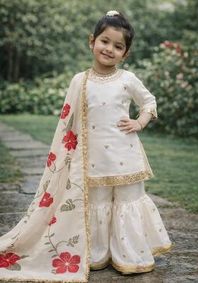 White Embroidered Silk Sharara Set For Girls