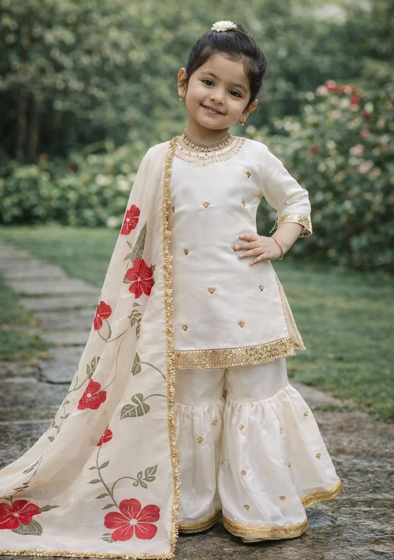 White Embroidered Silk Sharara Set For Girls - Indya