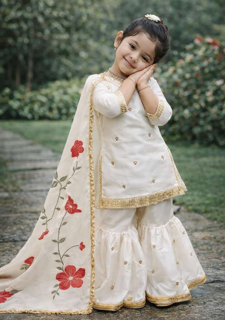 White Embroidered Silk Sharara Set For Girls - Indya