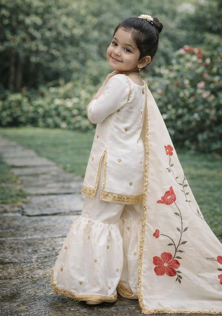 White Embroidered Silk Sharara Set For Girls - Indya