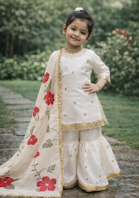 White Embroidered Silk Sharara Set For Girls