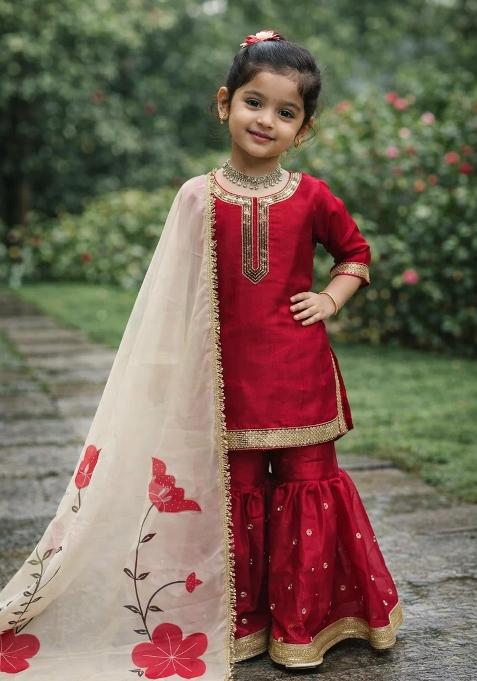 Red Embroidered Silk Sharara Set For Girls