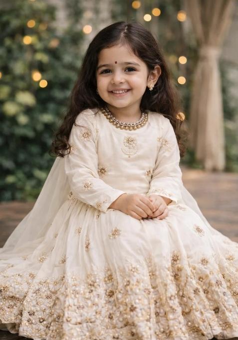 White Embroidered Silk Gown For Girls