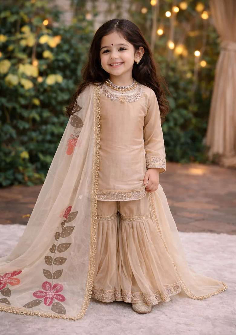 Golden Embroidered Silk Gown For Girls - Indya