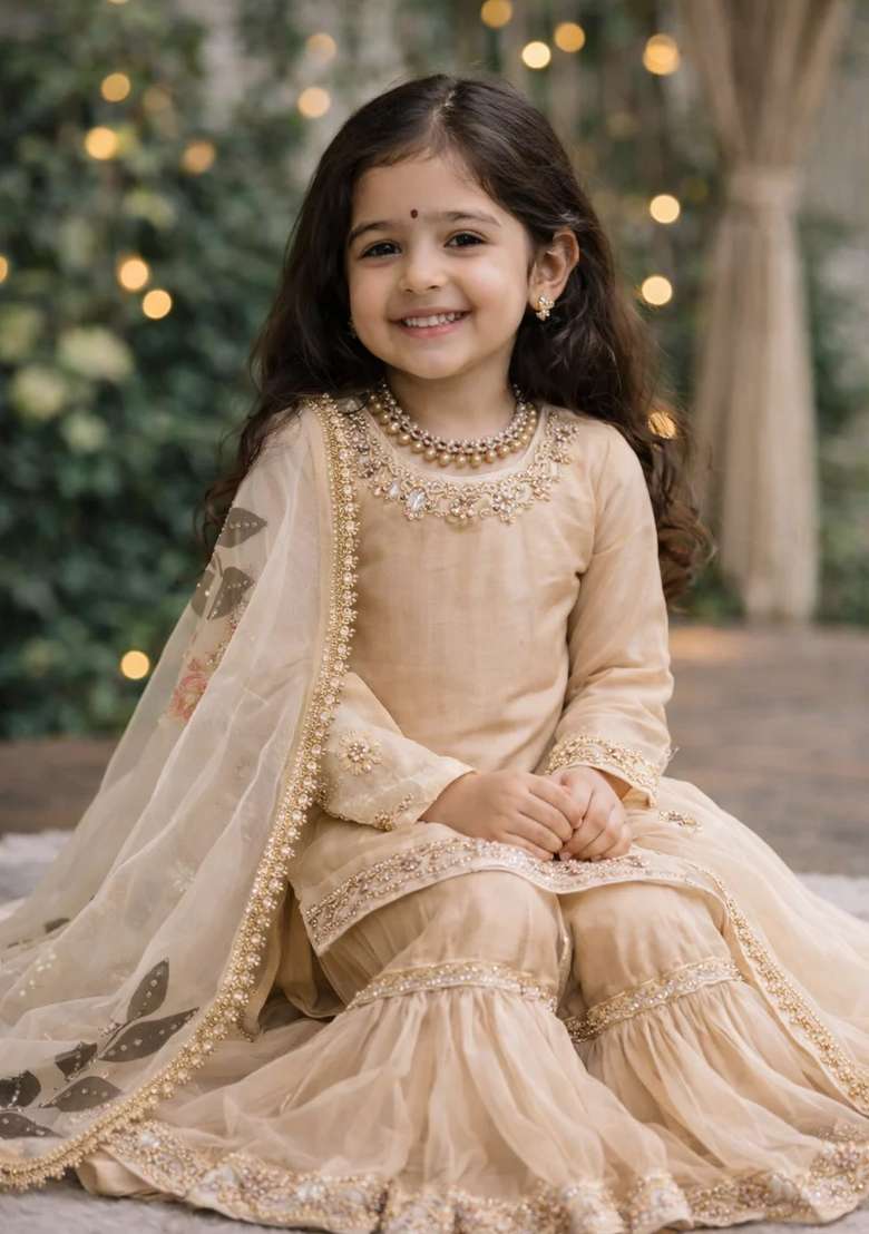 Golden Embroidered Silk Gown For Girls - Indya