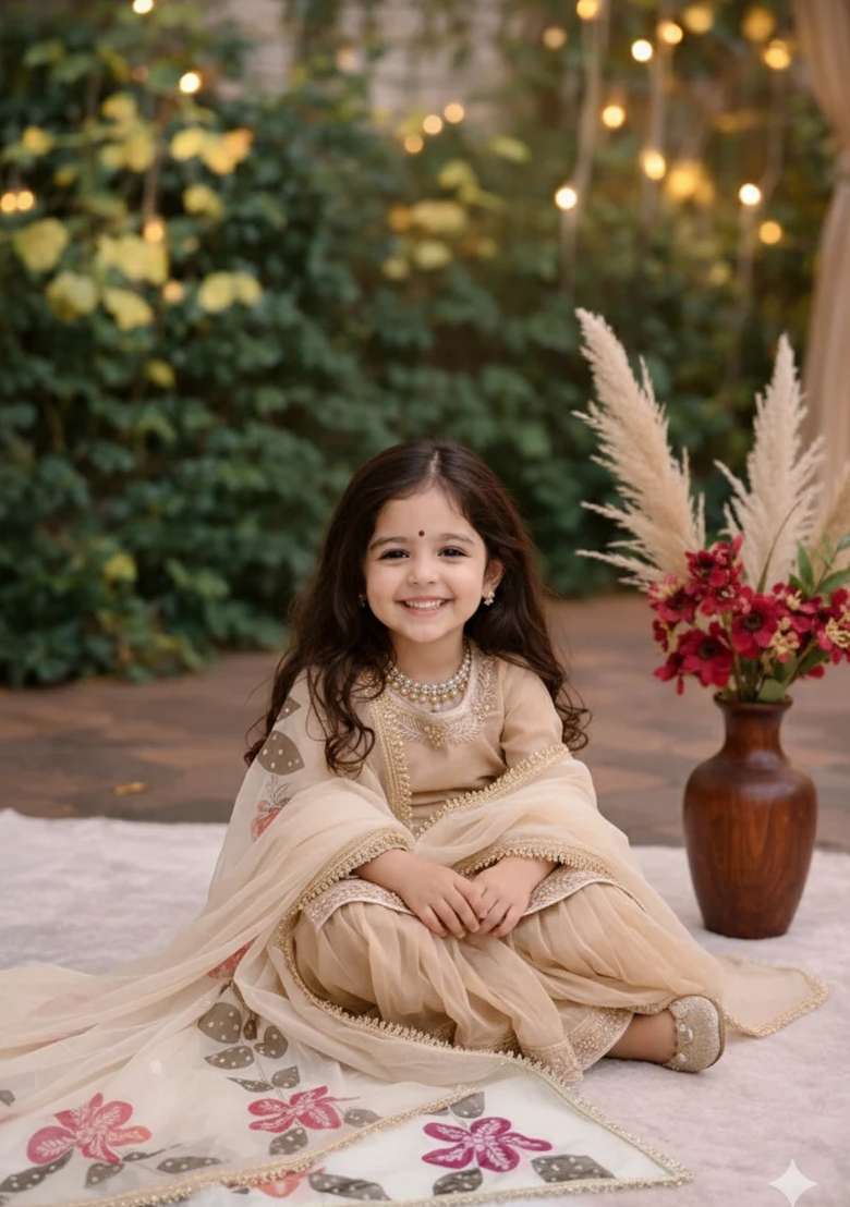 Golden Embroidered Silk Gown For Girls - Indya