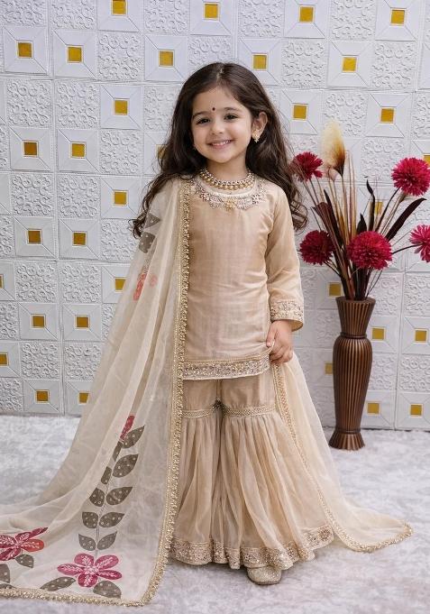 Golden Embroidered Silk Gown For Girls
