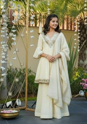 Cream Mirror Work Silk Gown For Girls
