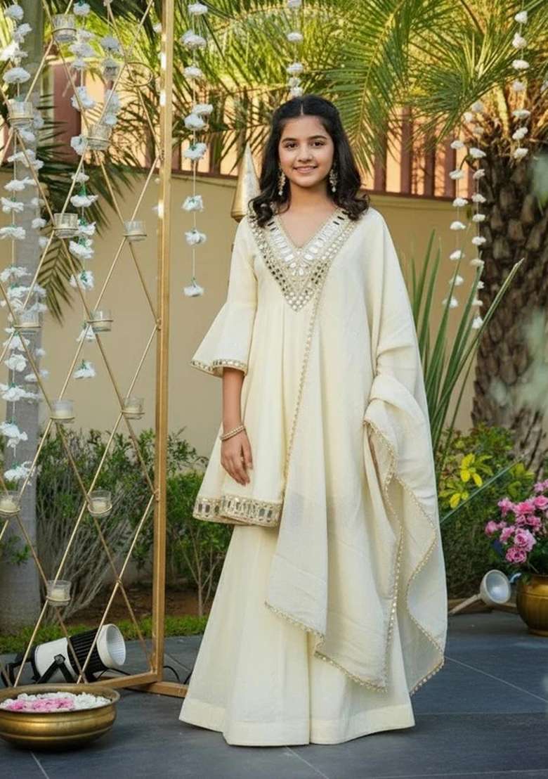 Cream Mirror Work Silk Gown For Girls - Indya