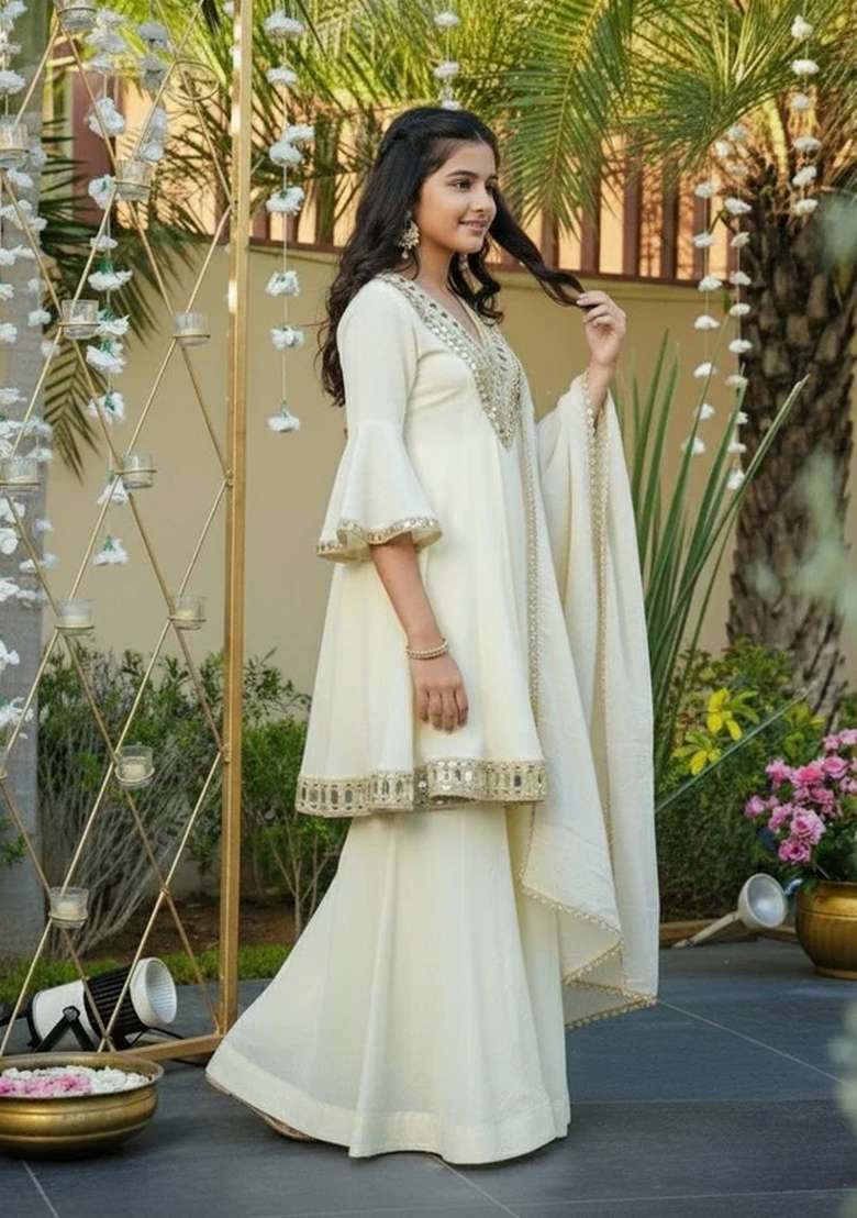 Cream Mirror Work Silk Gown For Girls - Indya