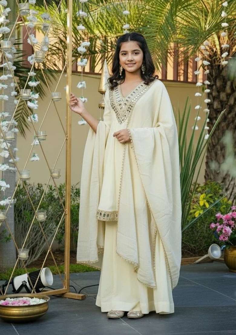 Cream Mirror Work Silk Gown For Girls - Indya