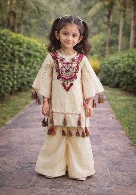 Cream Sequin Work Cotton Palazzo Set For Girls