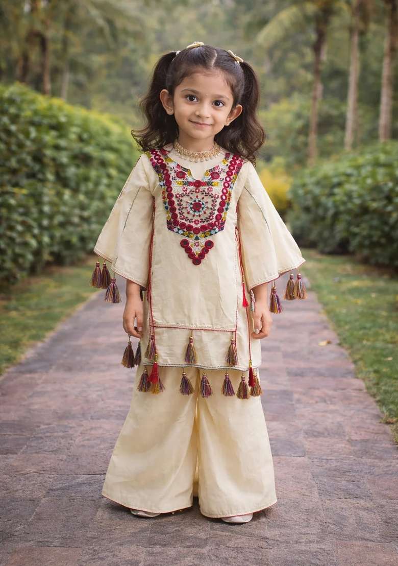Cream Sequin Work Cotton Palazzo Set For Girls - Indya