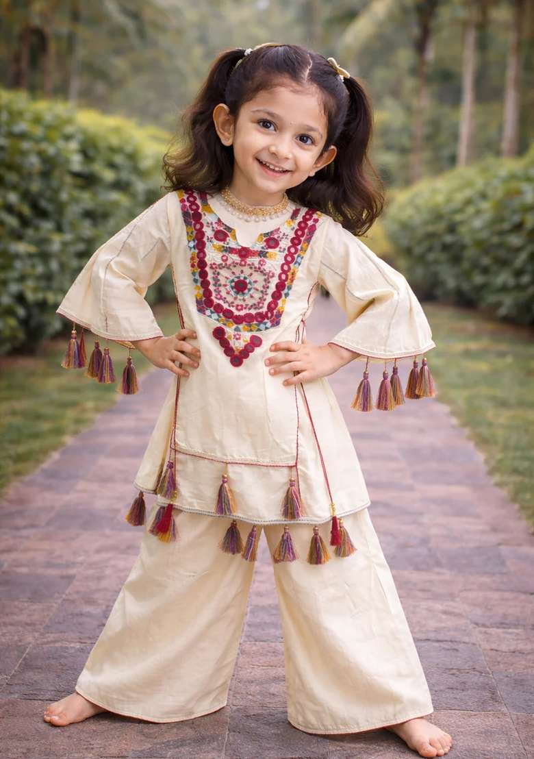 Cream Sequin Work Cotton Palazzo Set For Girls - Indya