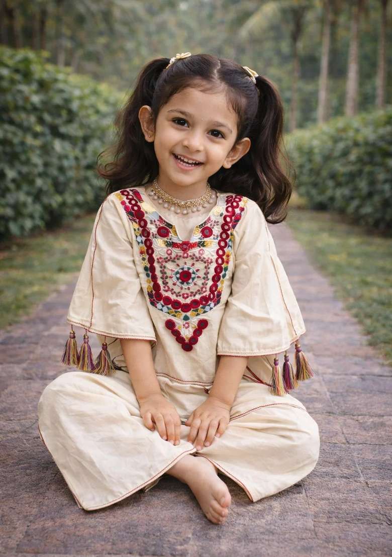Cream Sequin Work Cotton Palazzo Set For Girls - Indya
