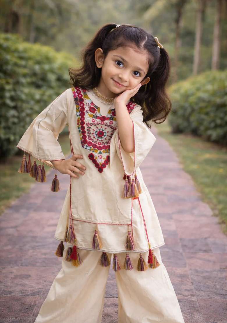 Cream Sequin Work Cotton Palazzo Set For Girls - Indya
