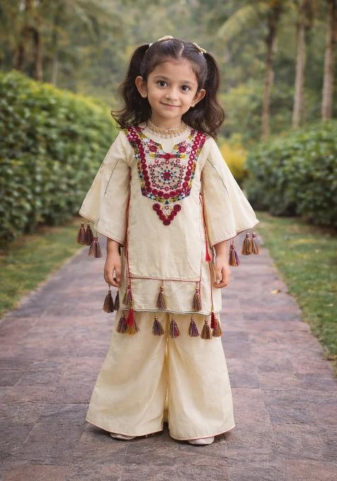 Cream Sequin Work Cotton Palazzo Set For Girls