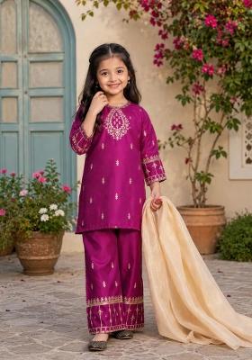 Pink Embroidered Silk Kurta Set For Girls