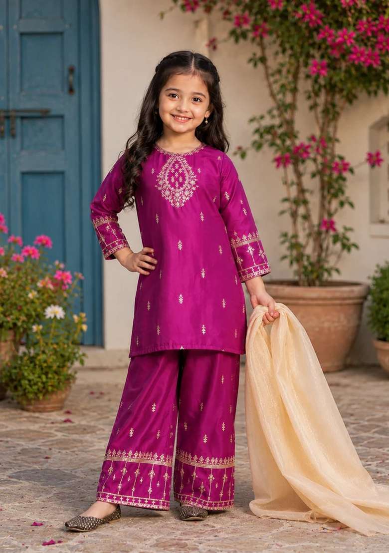 Pink Embroidered Silk Kurta Set For Girls - Indya