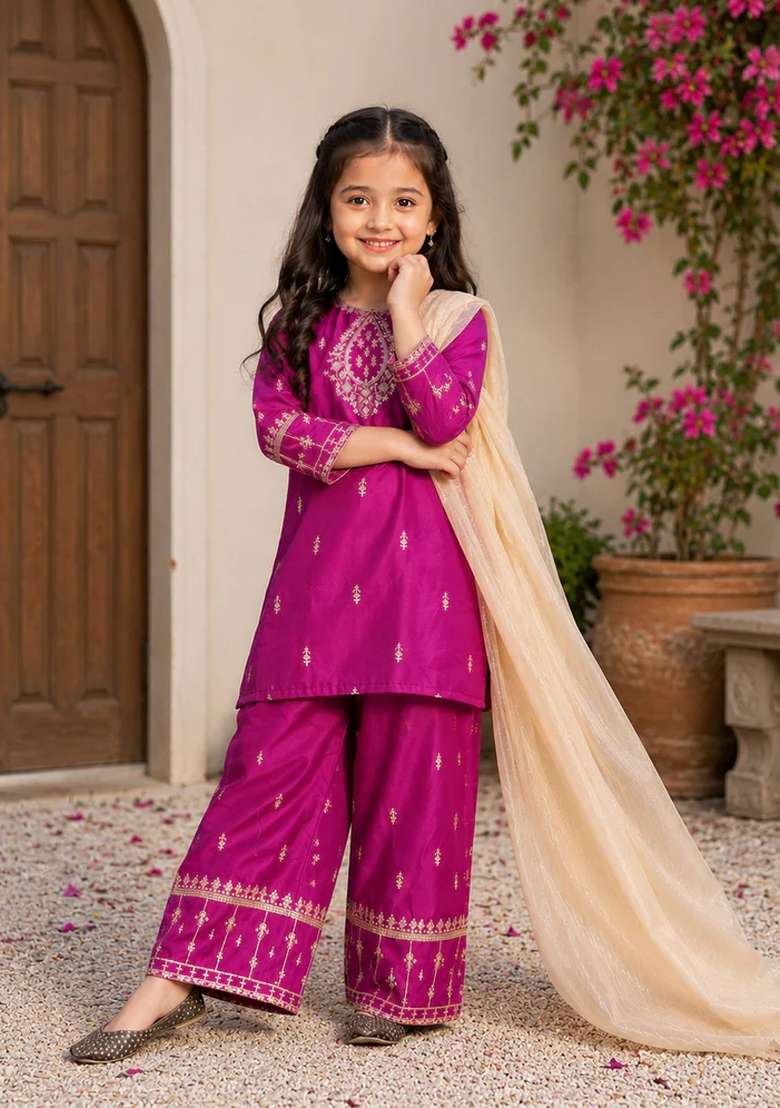 Pink Embroidered Silk Kurta Set For Girls - Indya