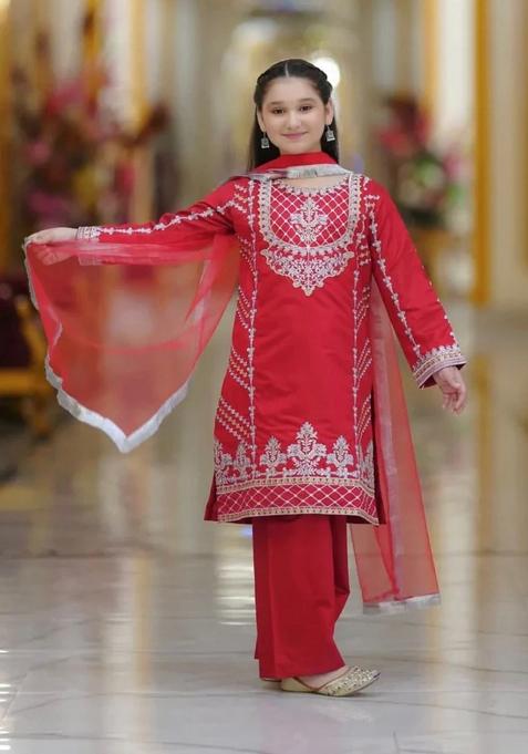 Red Embroidered Crepe Sharara Set For Girls