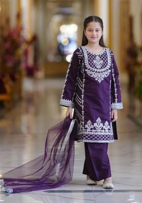 Purple Embroidered Crepe Sharara Set For Girls
