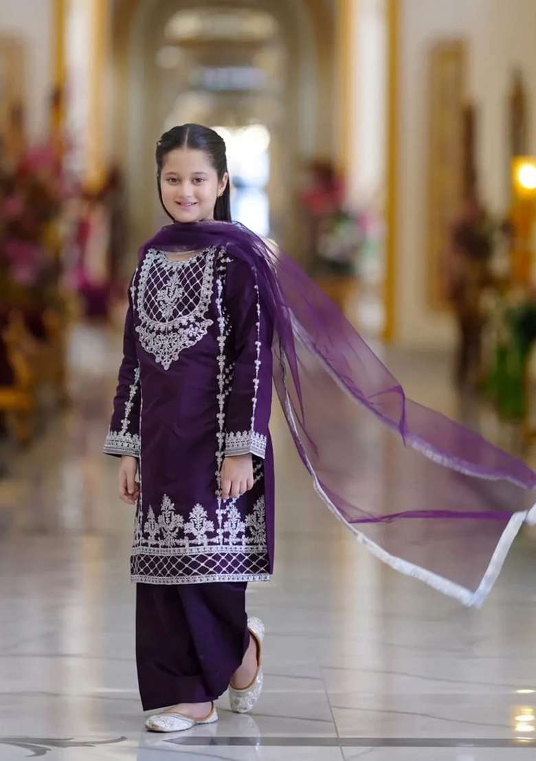 Purple Embroidered Crepe Sharara Set For Girls - Indya