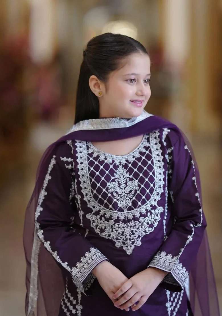 Purple Embroidered Crepe Sharara Set For Girls - Indya