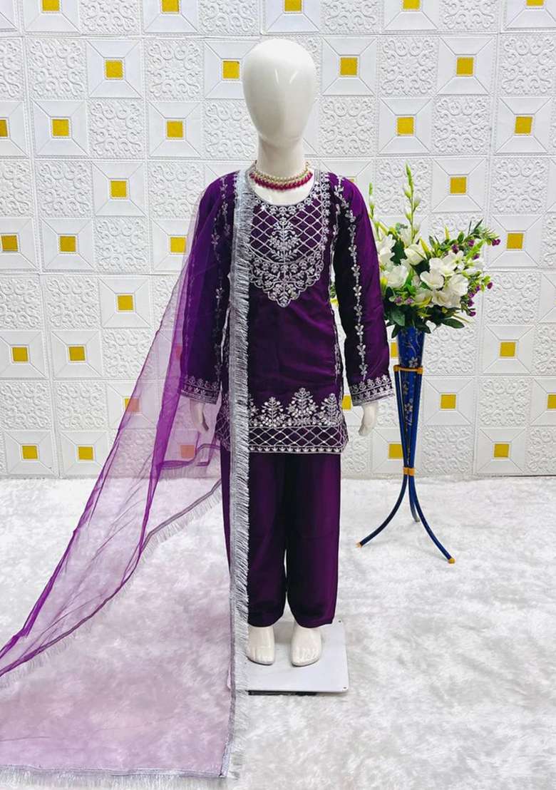 Purple Embroidered Crepe Sharara Set For Girls - Indya