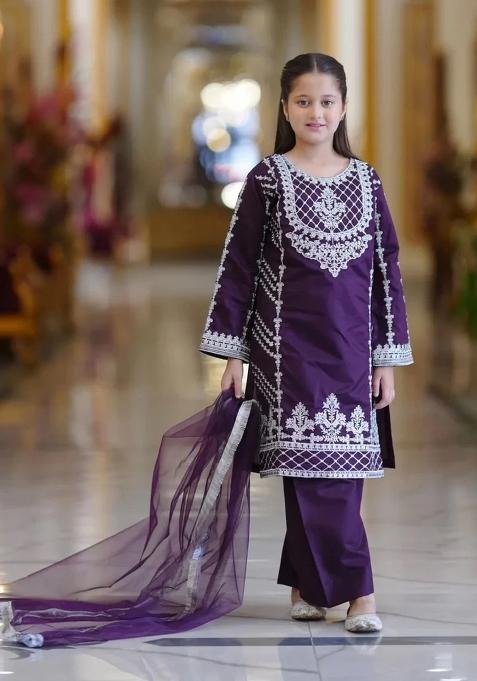 Purple Embroidered Crepe Sharara Set For Girls