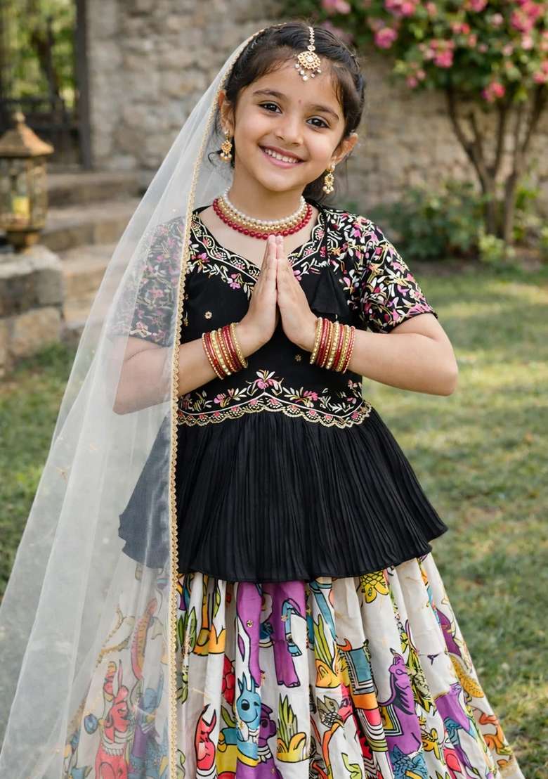 Off White Embroidered Chinon Sharara Set For Girls - Indya